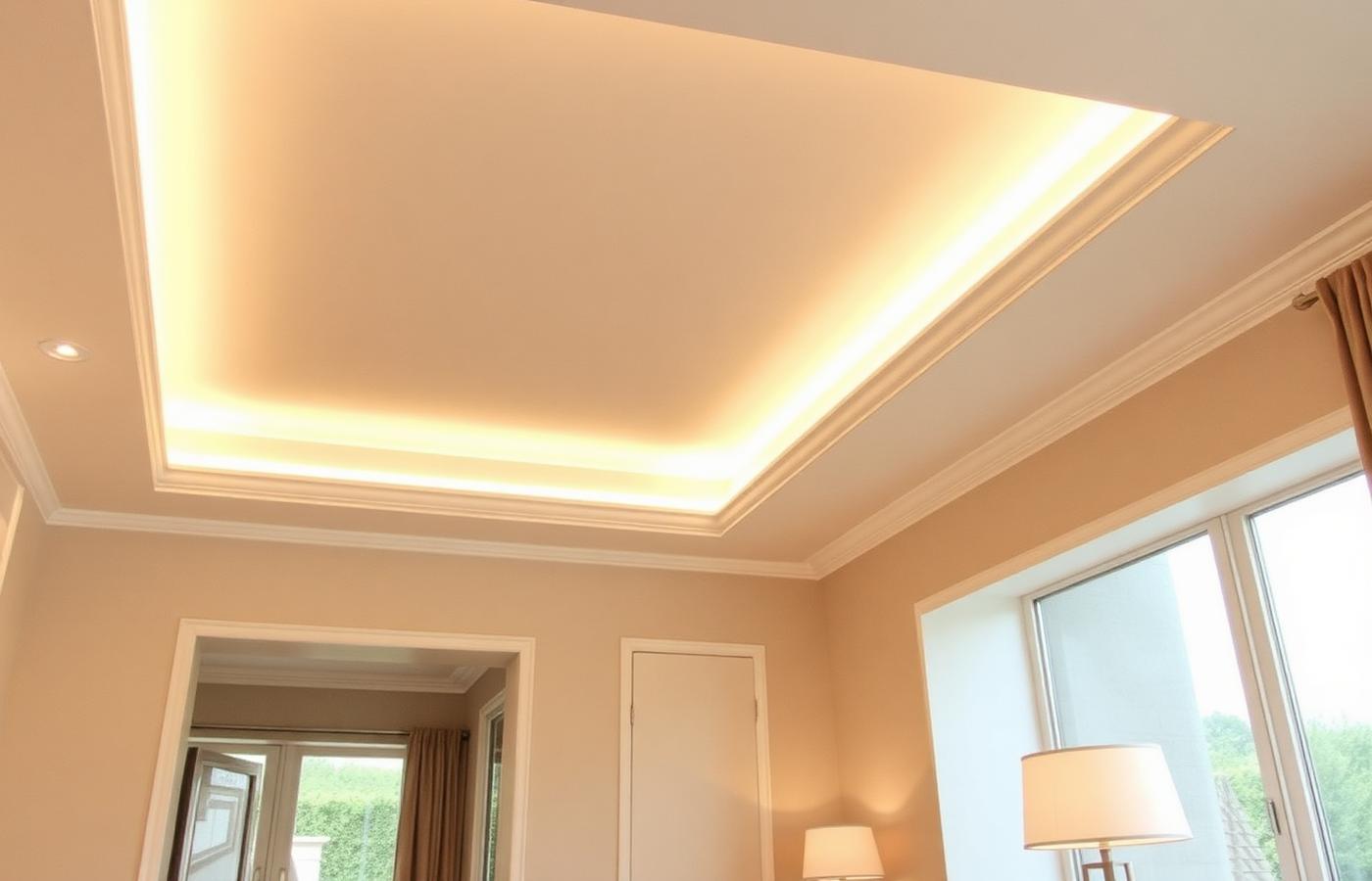 Cove-lit false ceiling detail in a warm neutral living space