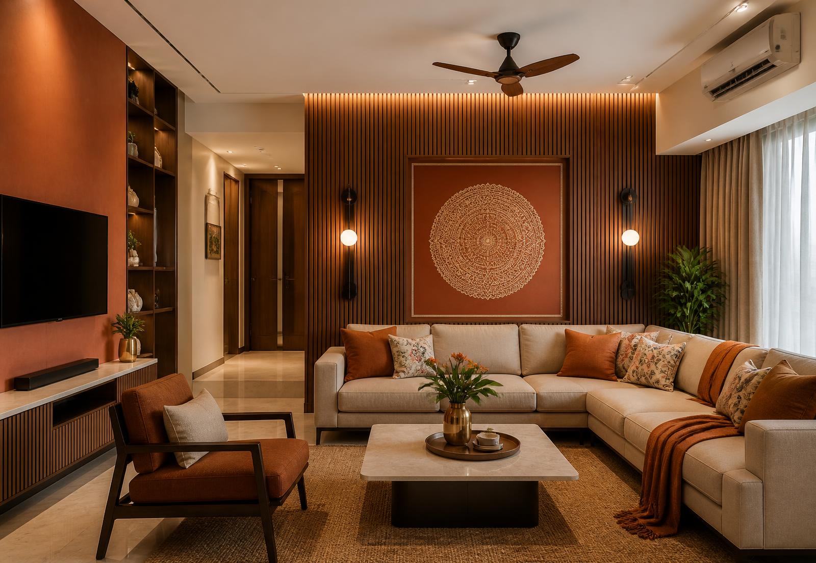 Warm modern living room interior designed by Interiors Visakha in Visakhapatnam